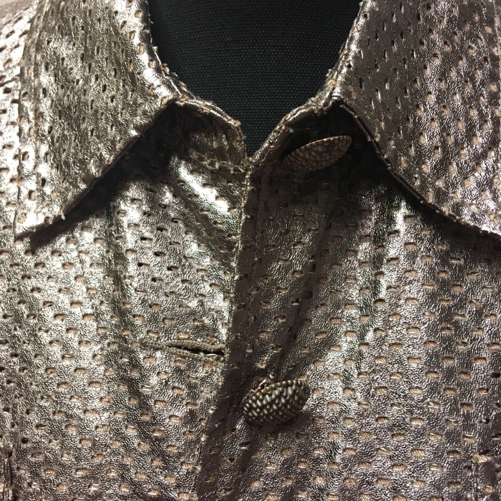 Metallic faux leather pewter perforated crop jacket